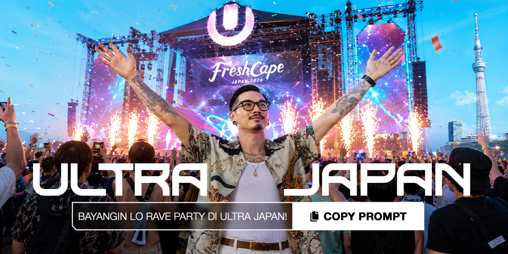 Gunakan foto yang diunggah sebagai referensi orangnya. Buat foto realistis yang memperlihatkan saya sedang menikmati pengalaman FRESHCAPE di Ultra Japan Festival, Tokyo. Saya berdiri di tengah lautan penonton dengan kedua tangan terangkat menikmati penampilan DJ, mengenakan outfit festival yang stylish dengan ekspresi bahagia dan natural. Di latar belakang terlihat panggung EDM raksasa dengan efek pyro, laser, confetti, dan LED screen bertuliskan FRESHCAPE. Gaya fotografi festival ultra realistis, cinematic lighting, detail tinggi, komposisi portrait rasio 3:4, hanya satu foto, tanpa kolase.
